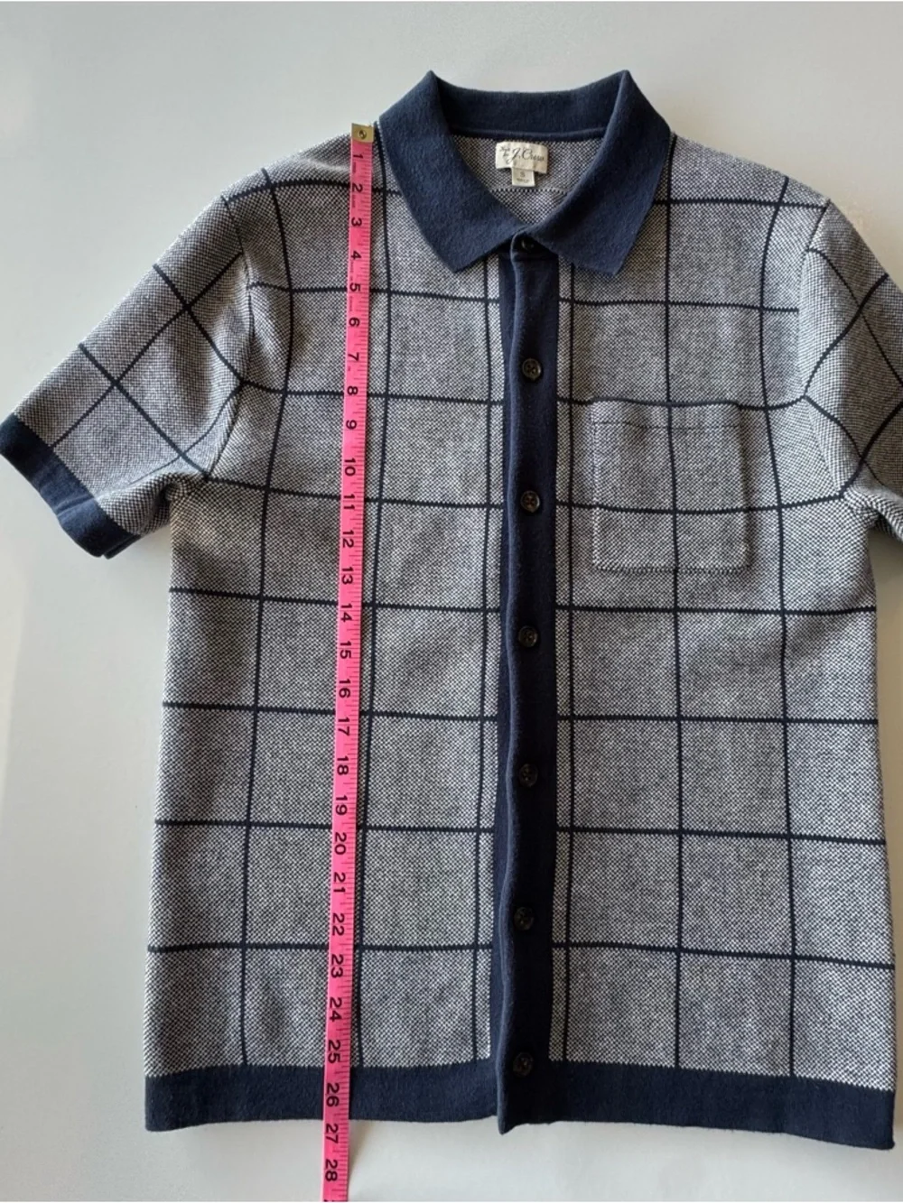 J. Crew Cotton Jacquard Navy Grid Short-Sleeve Button Retro Polo Cardigan SMALL